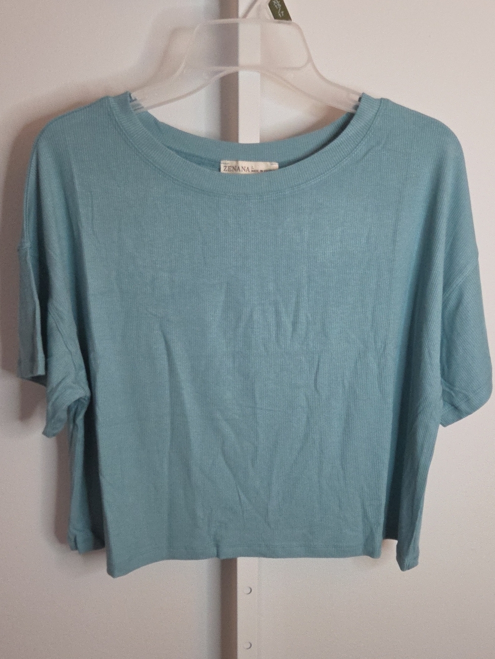 Zenana Dusty Teal Ribbed Round Neck Boxy Cropped T-Shirt Sz Large RRT-8594Y